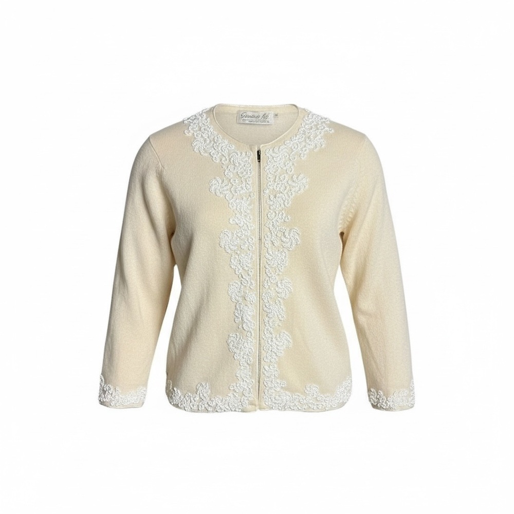 Vintage 50s‎ Doreen Lok Honk Kong Hilton Arcade Hand Beaded Cream Cardigan - S